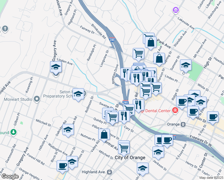 map of restaurants, bars, coffee shops, grocery stores, and more near 83 Northfield Avenue in West Orange