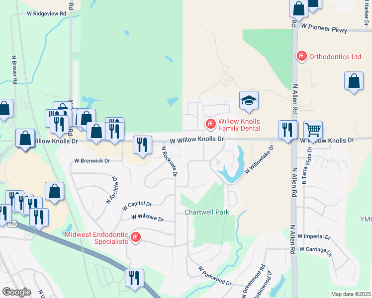map of restaurants, bars, coffee shops, grocery stores, and more near 3020 West Willow Knolls Drive in Peoria