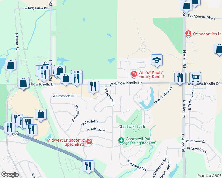 map of restaurants, bars, coffee shops, grocery stores, and more near 3116 West Willow Knolls Drive in Peoria