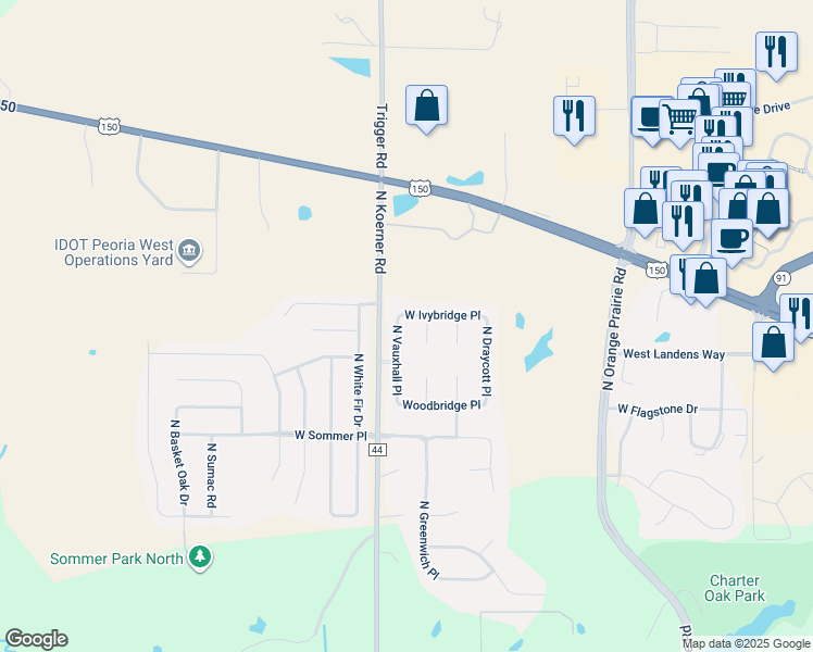 map of restaurants, bars, coffee shops, grocery stores, and more near 6001-6099 Ivybridge Pl in Peoria