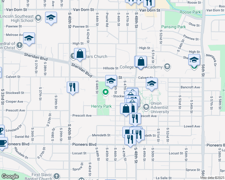 map of restaurants, bars, coffee shops, grocery stores, and more near 2275 Bancroft Avenue in Lincoln