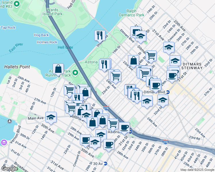 map of restaurants, bars, coffee shops, grocery stores, and more near 24-14 23rd Street in Queens