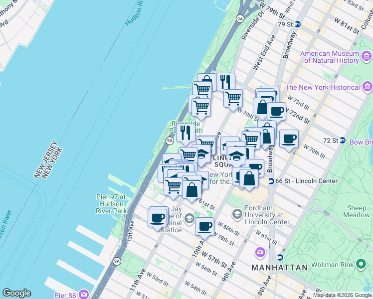 map of restaurants, bars, coffee shops, grocery stores, and more near 320 West 66th Street in New York