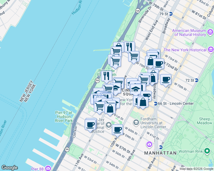 map of restaurants, bars, coffee shops, grocery stores, and more near 100 Riverside Boulevard in New York