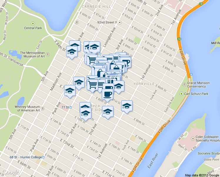 map of restaurants, bars, coffee shops, grocery stores, and more near 245 East 82nd Street in New York