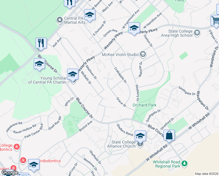 map of restaurants, bars, coffee shops, grocery stores, and more near 1000 Grace Court in State College
