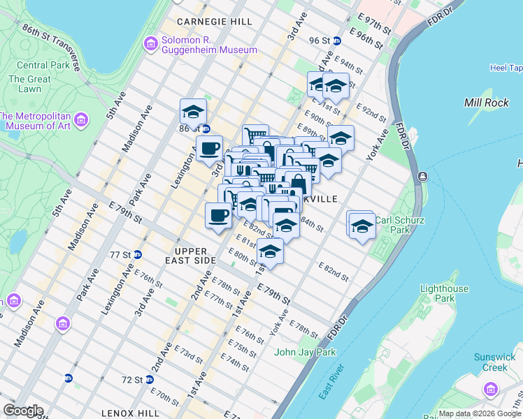map of restaurants, bars, coffee shops, grocery stores, and more near 311 East 83rd Street in New York
