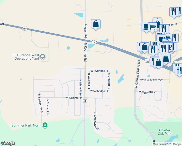 map of restaurants, bars, coffee shops, grocery stores, and more near 6001-6099 Ivybridge Pl in Peoria