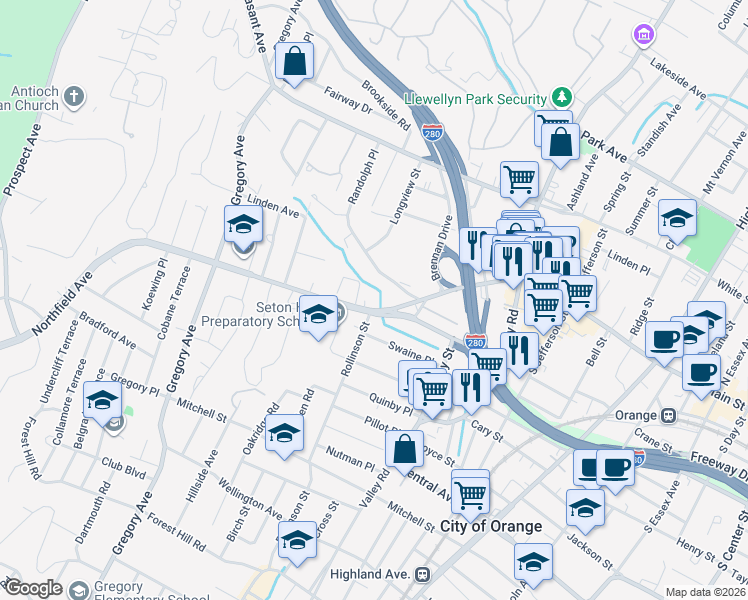 map of restaurants, bars, coffee shops, grocery stores, and more near 111 Northfield Avenue in West Orange