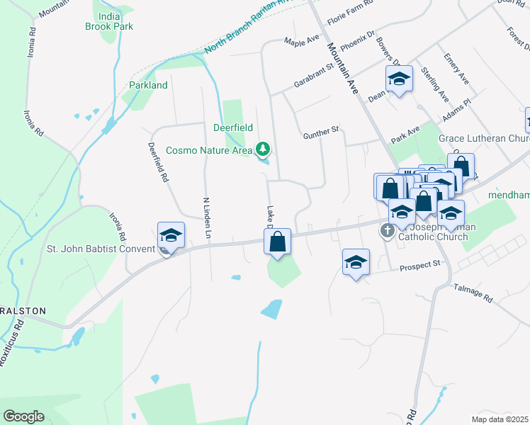 map of restaurants, bars, coffee shops, grocery stores, and more near 9 Lake Drive in Mendham