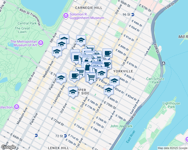 map of restaurants, bars, coffee shops, grocery stores, and more near 237 East 82nd Street in New York