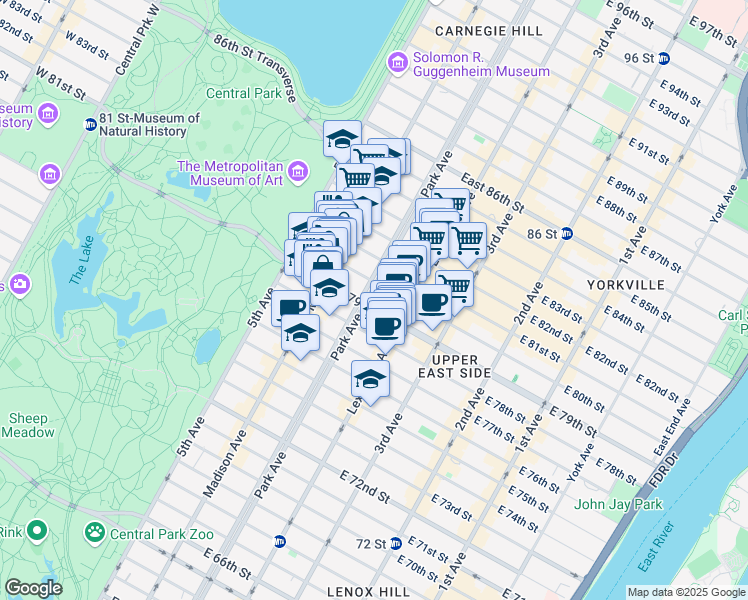 map of restaurants, bars, coffee shops, grocery stores, and more near 903 Park Avenue in New York