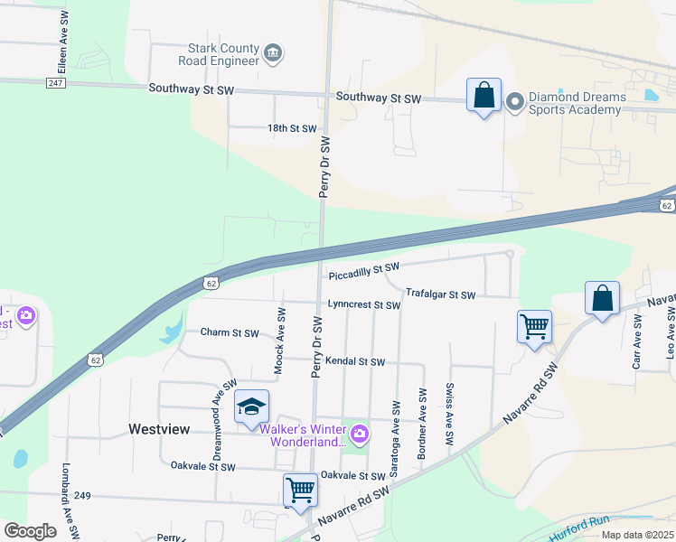 map of restaurants, bars, coffee shops, grocery stores, and more near 5055 Piccadilly Street Southwest in Canton
