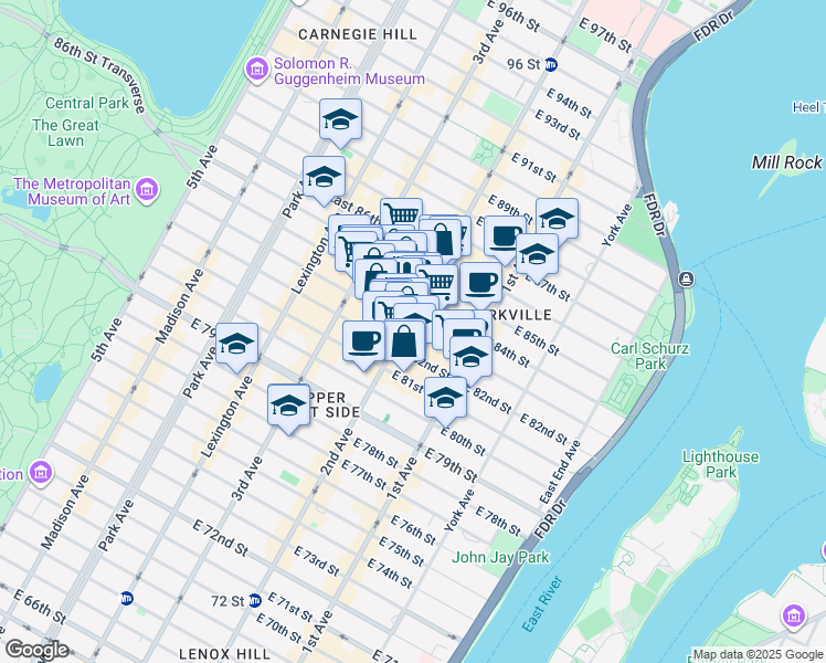 map of restaurants, bars, coffee shops, grocery stores, and more near 300 East 83rd Street in New York