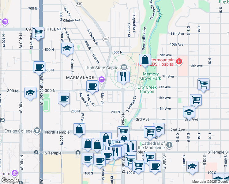 map of restaurants, bars, coffee shops, grocery stores, and more near 52 East 300 North in Salt Lake City