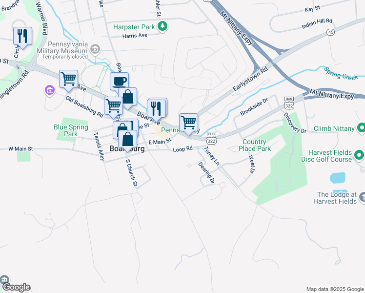 map of restaurants, bars, coffee shops, grocery stores, and more near 419 Loop Road in Boalsburg