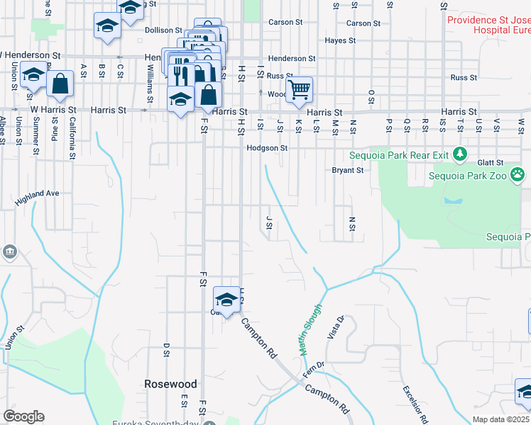 map of restaurants, bars, coffee shops, grocery stores, and more near 828 Manzanita Avenue in Eureka