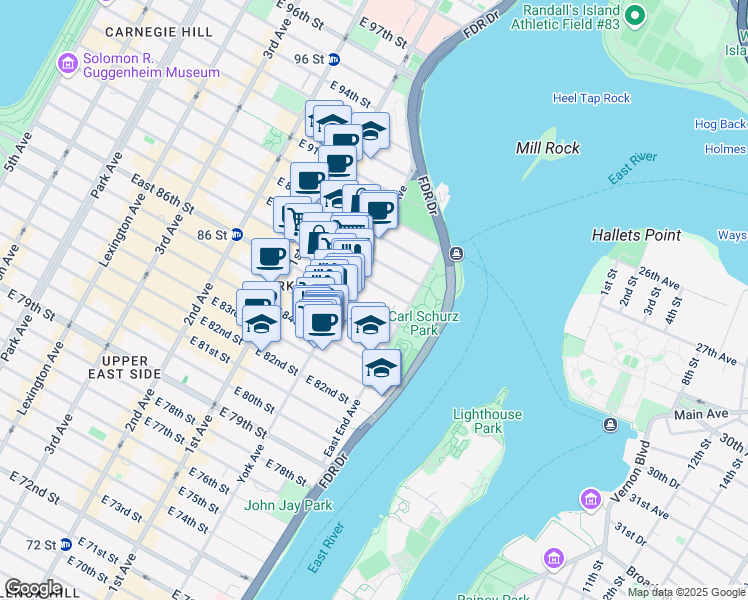 map of restaurants, bars, coffee shops, grocery stores, and more near 528 East 87th Street in New York