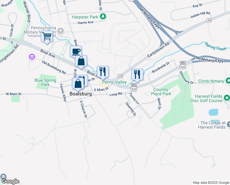 map of restaurants, bars, coffee shops, grocery stores, and more near 419 Loop Road in Boalsburg