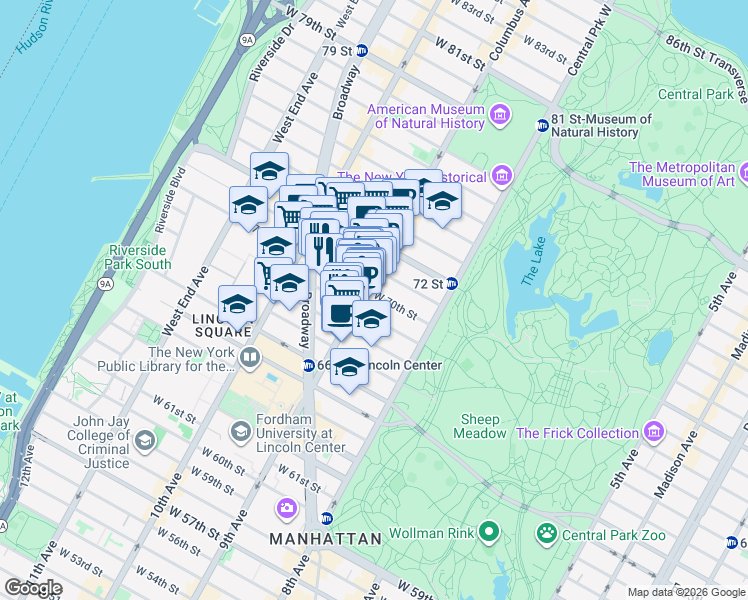 map of restaurants, bars, coffee shops, grocery stores, and more near 62 West 70th Street in New York