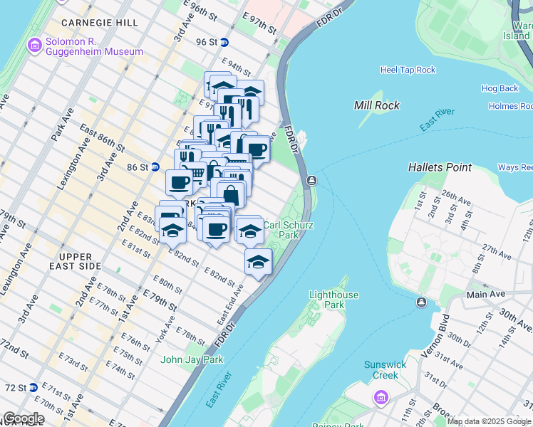 map of restaurants, bars, coffee shops, grocery stores, and more near 544 East 87th Street in New York