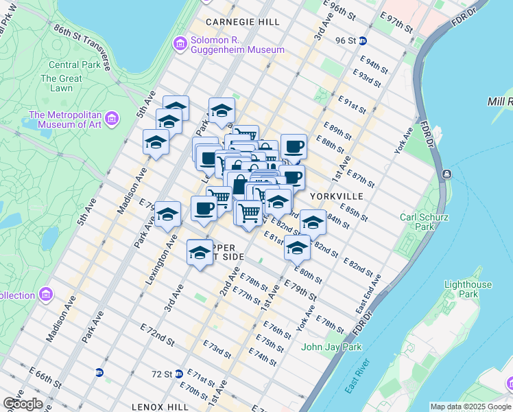 map of restaurants, bars, coffee shops, grocery stores, and more near 235 East 82nd Street in New York