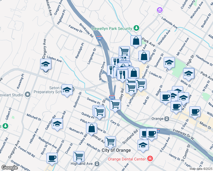 map of restaurants, bars, coffee shops, grocery stores, and more near 35 Northfield Avenue in West Orange