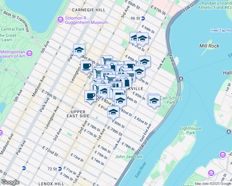 map of restaurants, bars, coffee shops, grocery stores, and more near 336 East 84th Street in New York