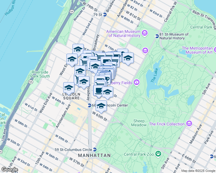 map of restaurants, bars, coffee shops, grocery stores, and more near 64 West 70th Street in New York