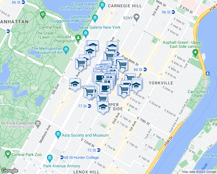 map of restaurants, bars, coffee shops, grocery stores, and more near 168 East 81st Street in New York