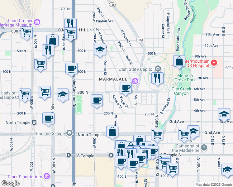 map of restaurants, bars, coffee shops, grocery stores, and more near 87 West 300 North in Salt Lake City