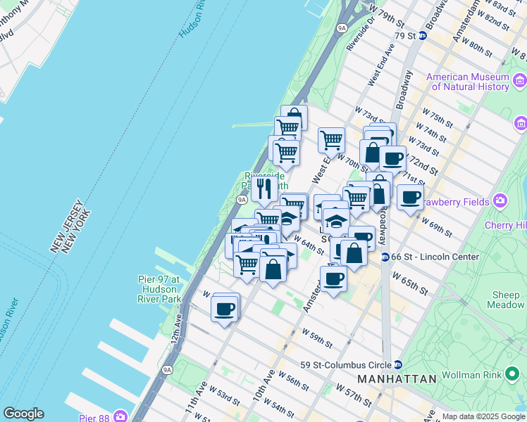 map of restaurants, bars, coffee shops, grocery stores, and more near 320 West 66th Street in New York