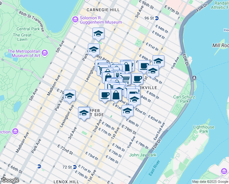 map of restaurants, bars, coffee shops, grocery stores, and more near 1593 2nd Avenue in New York