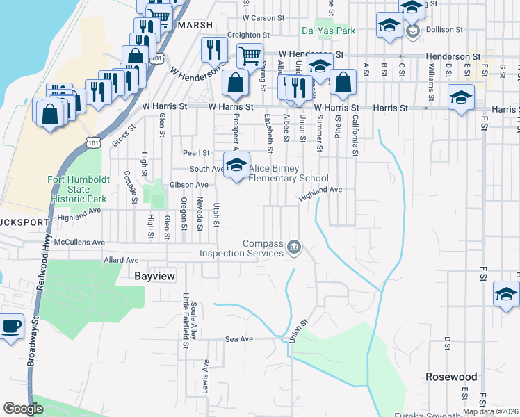 map of restaurants, bars, coffee shops, grocery stores, and more near 3500 Spring Street in Eureka