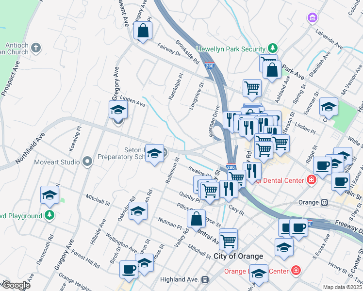 map of restaurants, bars, coffee shops, grocery stores, and more near 111 Northfield Avenue in West Orange