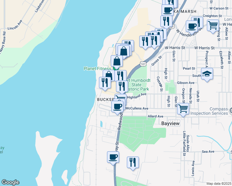 map of restaurants, bars, coffee shops, grocery stores, and more near 1742 Truesdale Street in Eureka