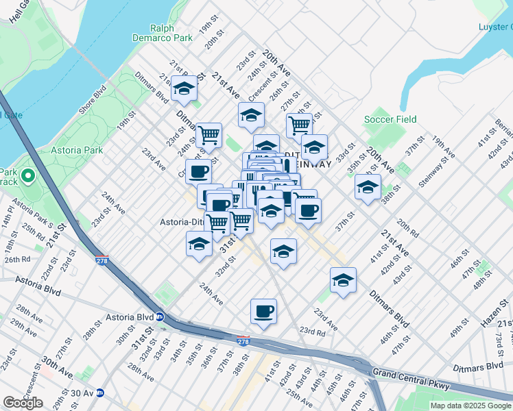 map of restaurants, bars, coffee shops, grocery stores, and more near in Queens