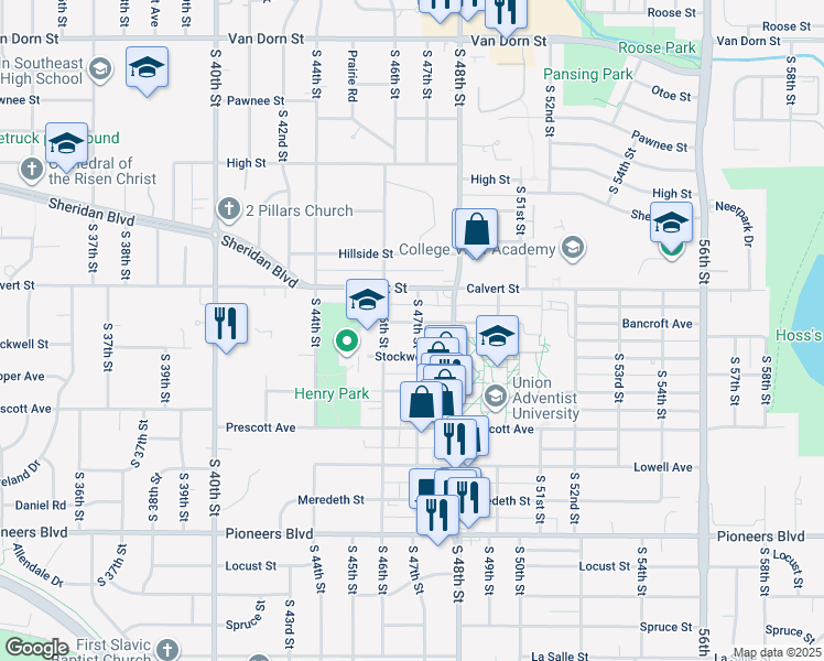 map of restaurants, bars, coffee shops, grocery stores, and more near 4645 Bancroft Avenue in Lincoln