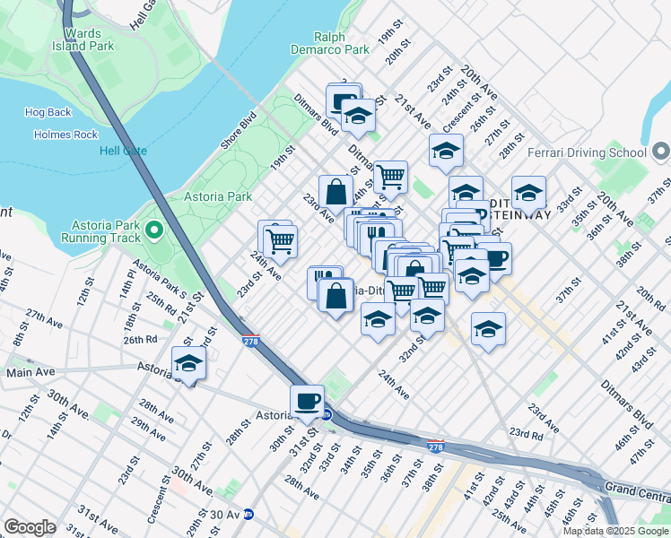 map of restaurants, bars, coffee shops, grocery stores, and more near 23-32 26th Street in Queens