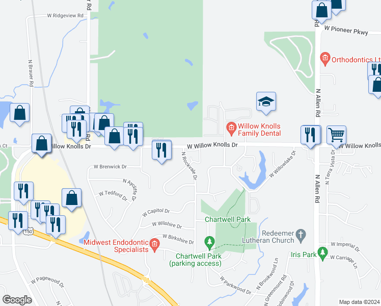 map of restaurants, bars, coffee shops, grocery stores, and more near 3116 West Willow Knolls Drive in Peoria