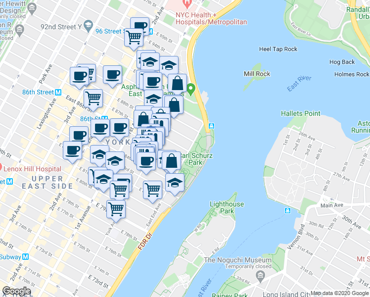 map of restaurants, bars, coffee shops, grocery stores, and more near 203 East 87th Street in New York