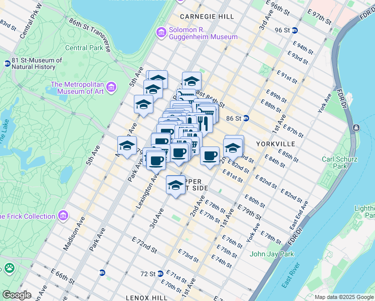 map of restaurants, bars, coffee shops, grocery stores, and more near 173 East 81st Street in New York