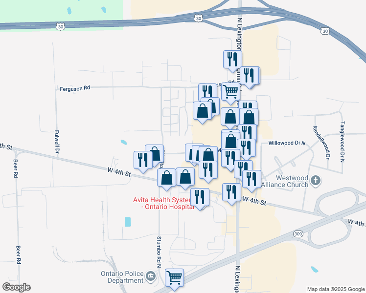 map of restaurants, bars, coffee shops, grocery stores, and more near 2250 Village Mall Drive in Ontario
