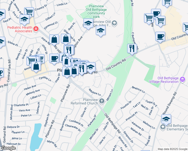 map of restaurants, bars, coffee shops, grocery stores, and more near 204 Palo Alto Drive in Plainview