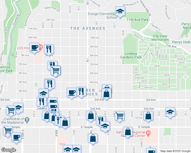 map of restaurants, bars, coffee shops, grocery stores, and more near 288 J Street in Salt Lake City