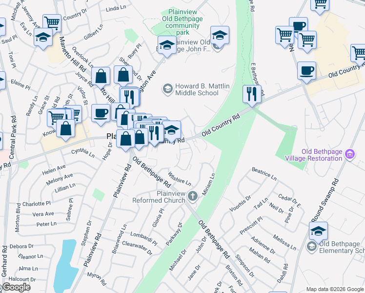 map of restaurants, bars, coffee shops, grocery stores, and more near 204 Palo Alto Drive in Plainview
