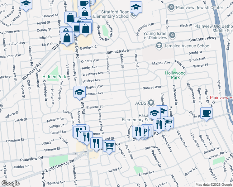 map of restaurants, bars, coffee shops, grocery stores, and more near 47 Nassau Avenue in Plainview