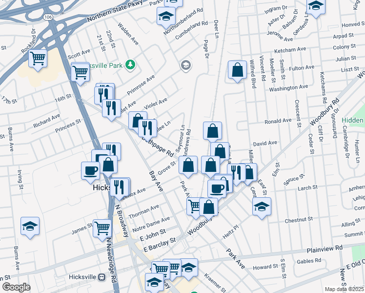 map of restaurants, bars, coffee shops, grocery stores, and more near 12 Seymour Lane in Hicksville