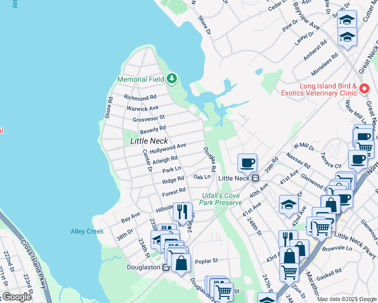 map of restaurants, bars, coffee shops, grocery stores, and more near 3-28 Hollywood Avenue in Queens