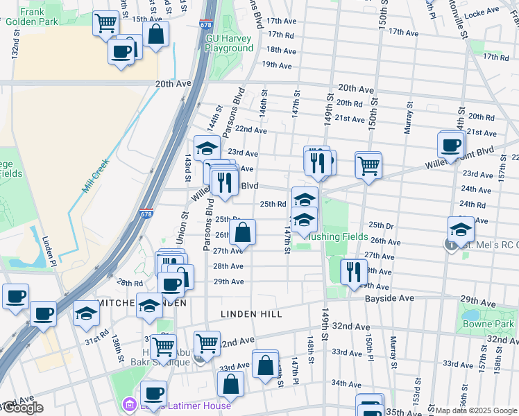 map of restaurants, bars, coffee shops, grocery stores, and more near 146-15 25th Road in Queens